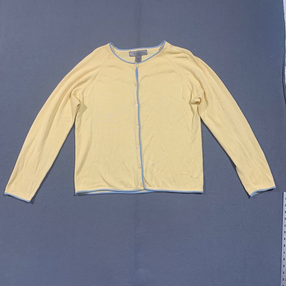 Chandler Hill Cardigan Women Medium Yellow Blue Trim‎ Cotton Knit Pastel Preppy